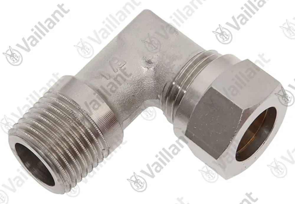 VAILLANT Winkelverschraubung aus Metall mit einem geraden und einem gewinkelten Anschluss. Ideal für Gasleitungen, präsentiert sich in einem robusten Design.